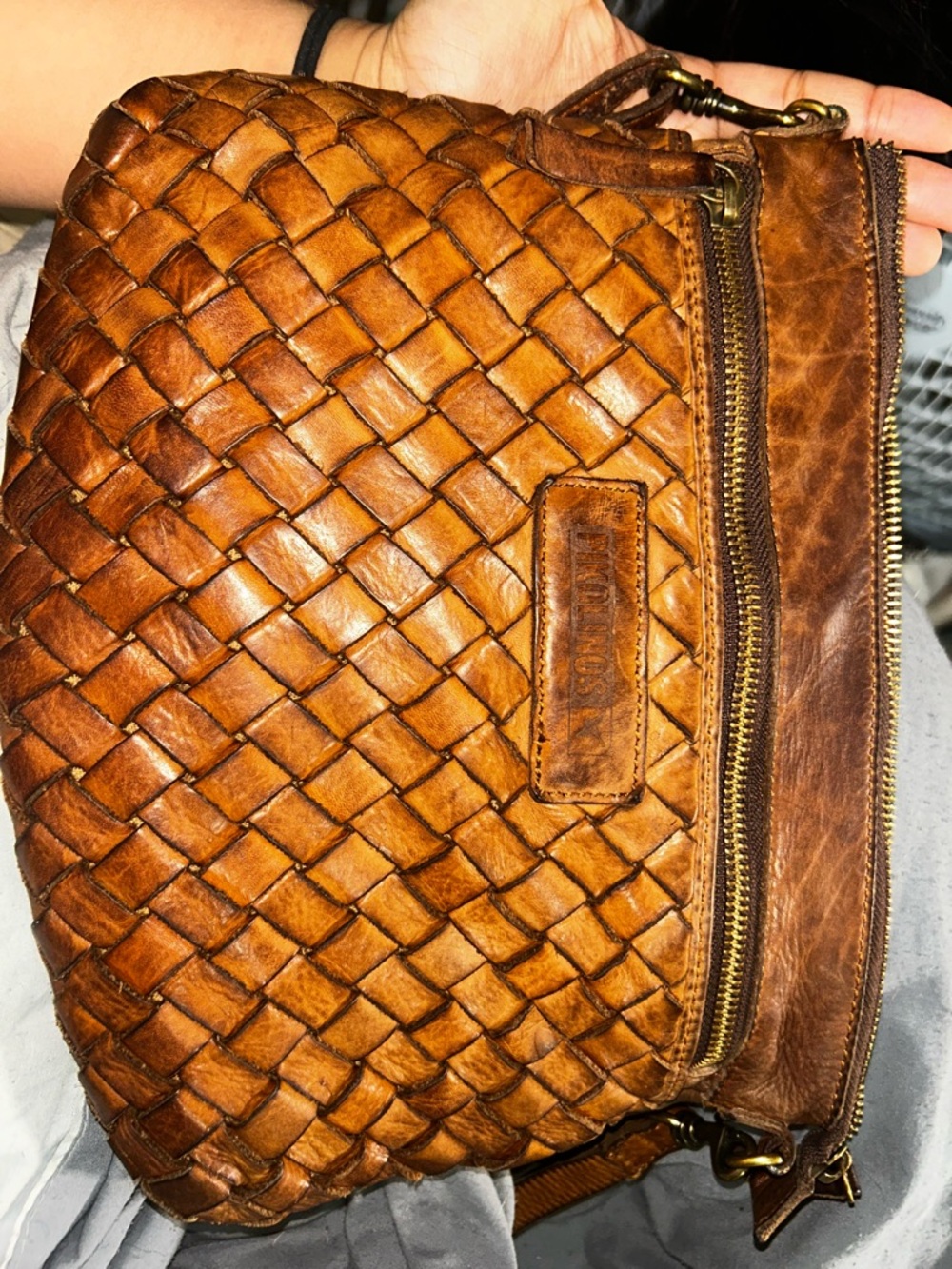 PIKOLINOS Tan Woven Leather Crossbody Bag
